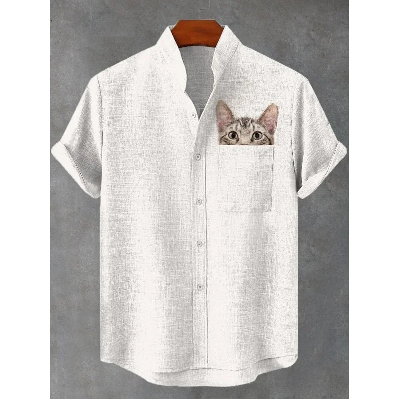 Divertido gato espreitando arte impressão bolso mistura de linho camisa verão camisas havaianas harajuku hip hop streetwear puro casual topos