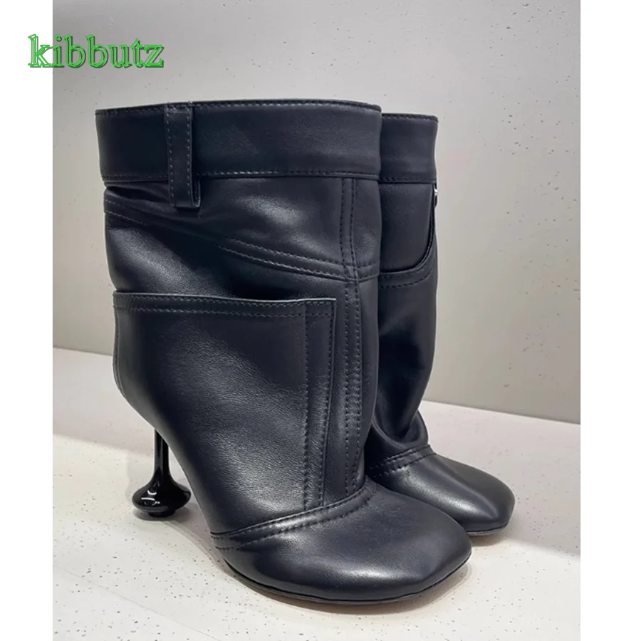 Skórzane średnio wysokie buty z cholewami z płaskim noskiem, obcisane buty damskie Retro buty na wysokim obcasie kempingowe Plus rozmiar 2023 nowe
