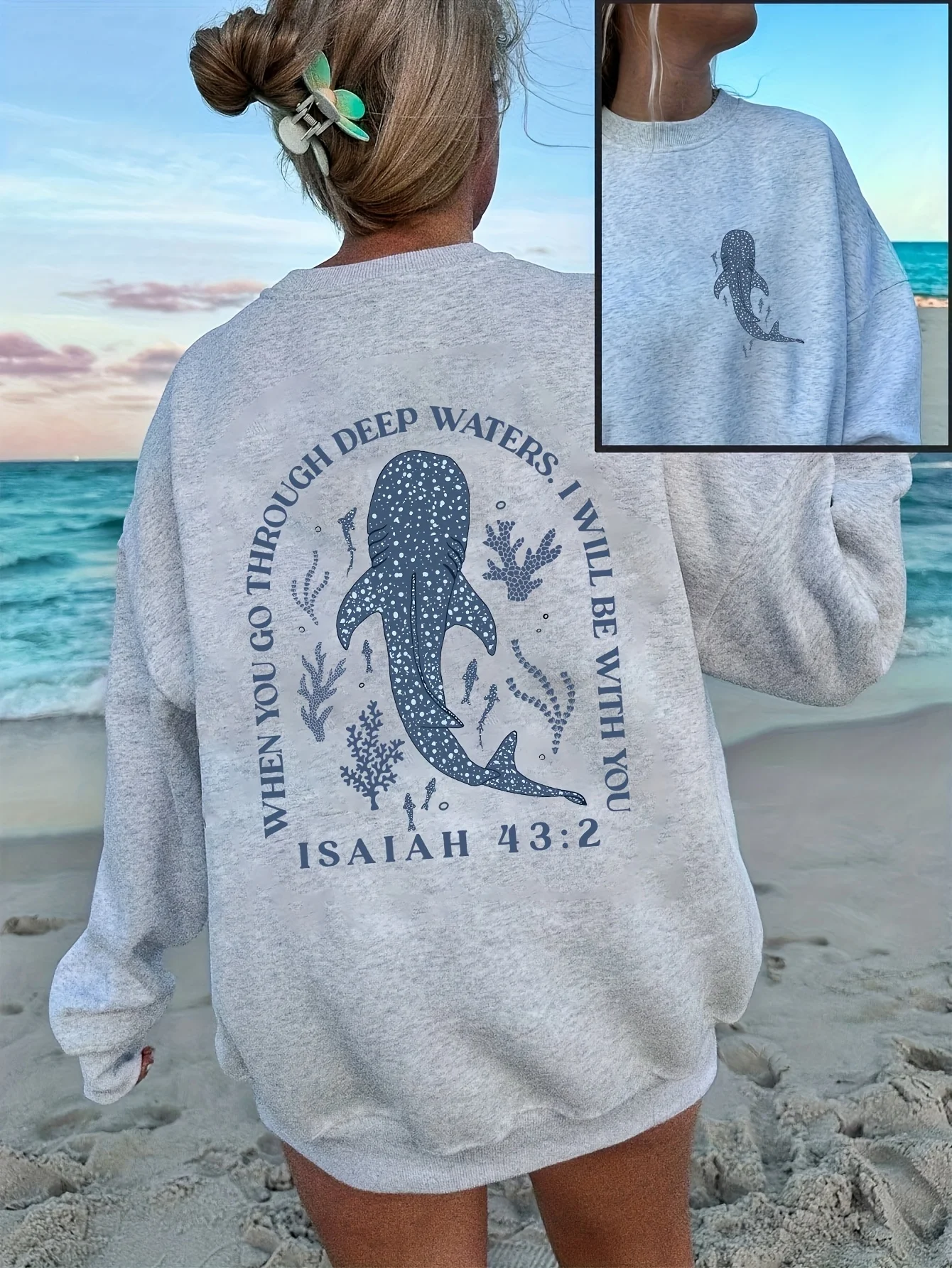 Women's casual and relaxing beach vacation shark-patterned printed loose round-neck long-sleeve hoodie hoodies women