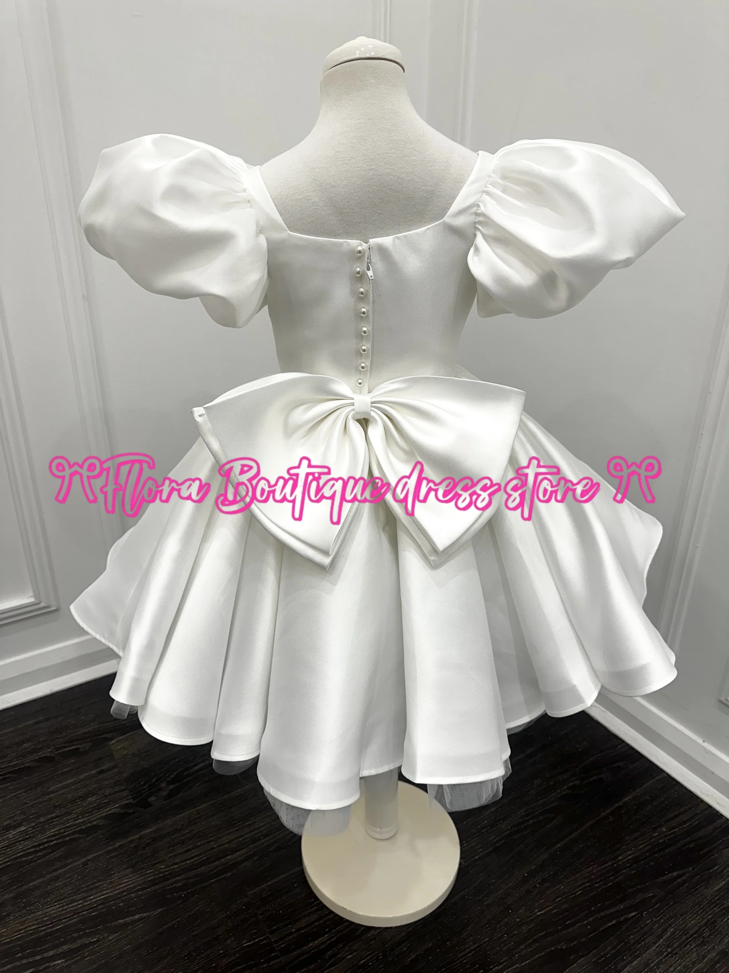 Dream Vow-vestido blanco elegante con perlas y mangas abullonadas para niña, vestido de princesa para bebé, boda, cumpleaños, fiesta de primera comunión