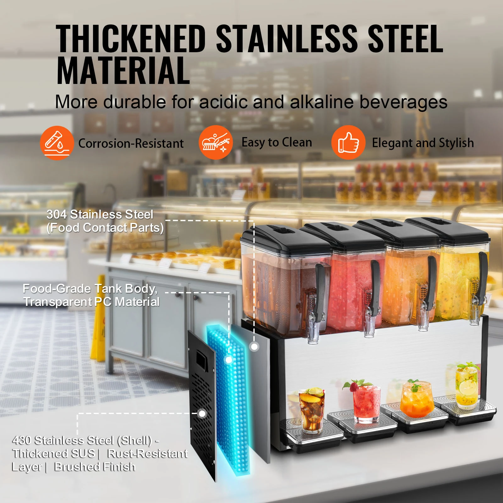 SucceBuy 4 Tanks Commercial Beverage Dispenser 10L/12L Per Tank Juice Dispenser Stainless Steel Ice Tea Drink Machine