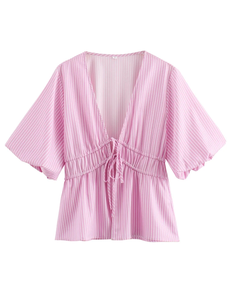 

KAOPU ZA Women with bows striped shirt vintage v-neck button-up short puff sleeves female blouses chic top