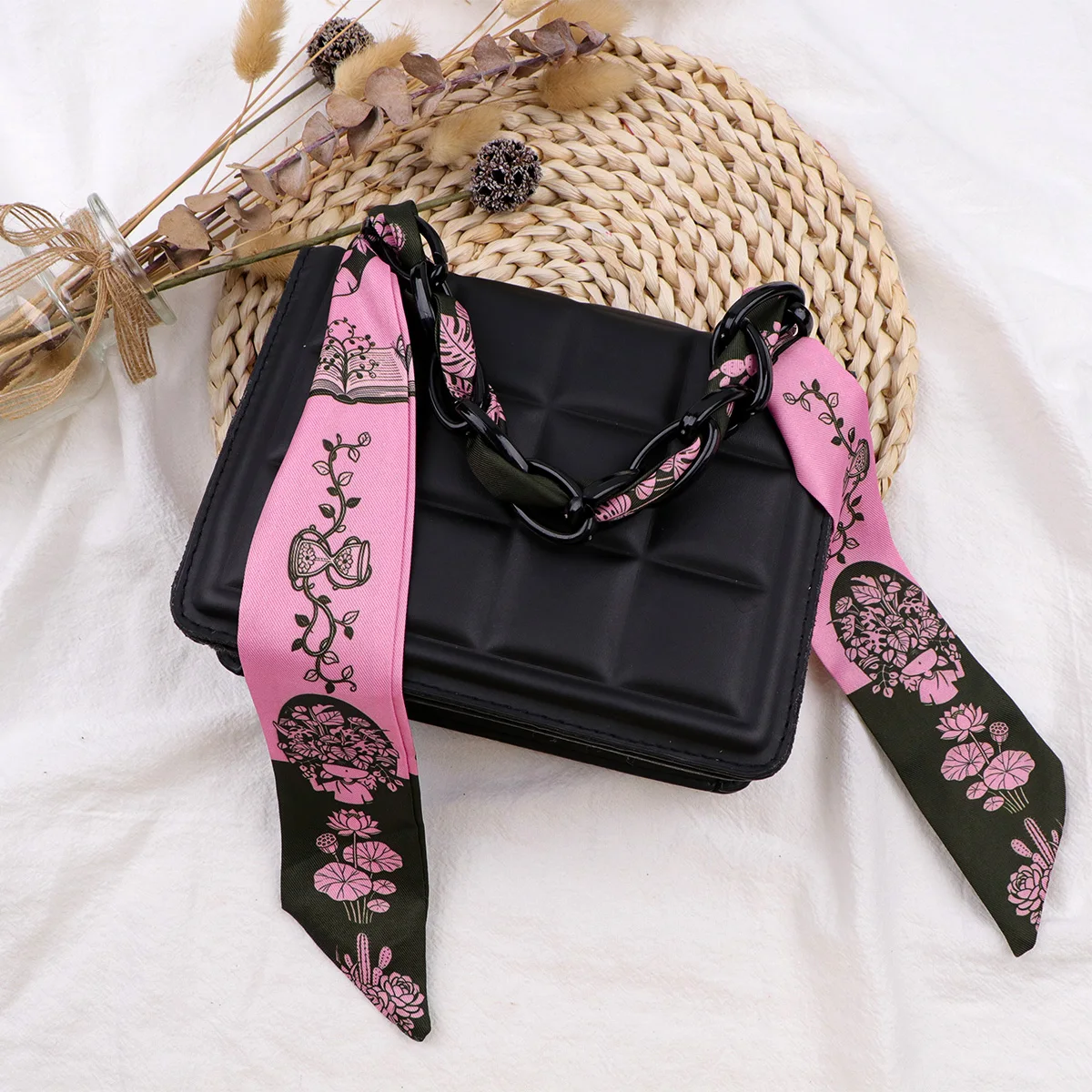 Pink Black Plant Print Skinny Scarf Women Small Bag Scarves Hair Neck Scarf For Ladies Foulard Lotus Neckerchief Headband
