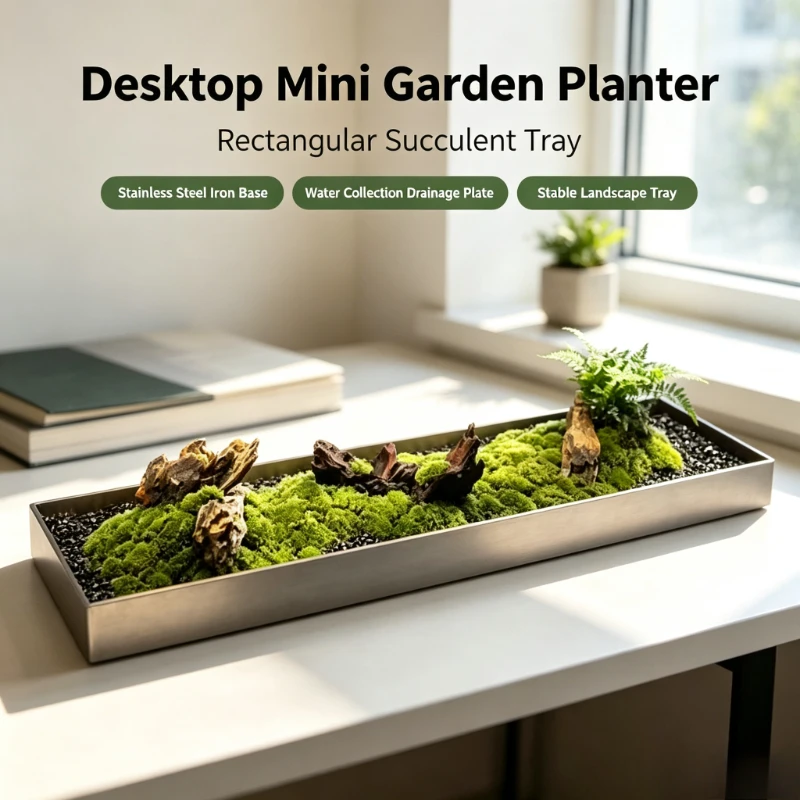 Rectangular Succulent Planter Tray Stainless Steel Iron Base Stable Desktop Landscape Water Collection Mini Garden DrainagePlate