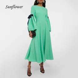 Sunflower Green O-Neck Crepe A-LINE Prom Gowns 2024 High Quality Slim Long Sleeve Ankle-Length Formal Evening Dress