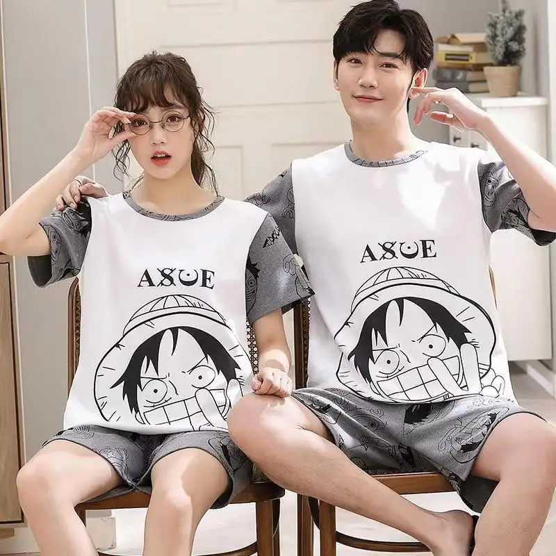 Summer Hot Couple Lovers Pijamas Set Japanese Anime Cartoon Print Homewear Men\'s Pajama Cartoon Tops with Shorts Casual Pyjama