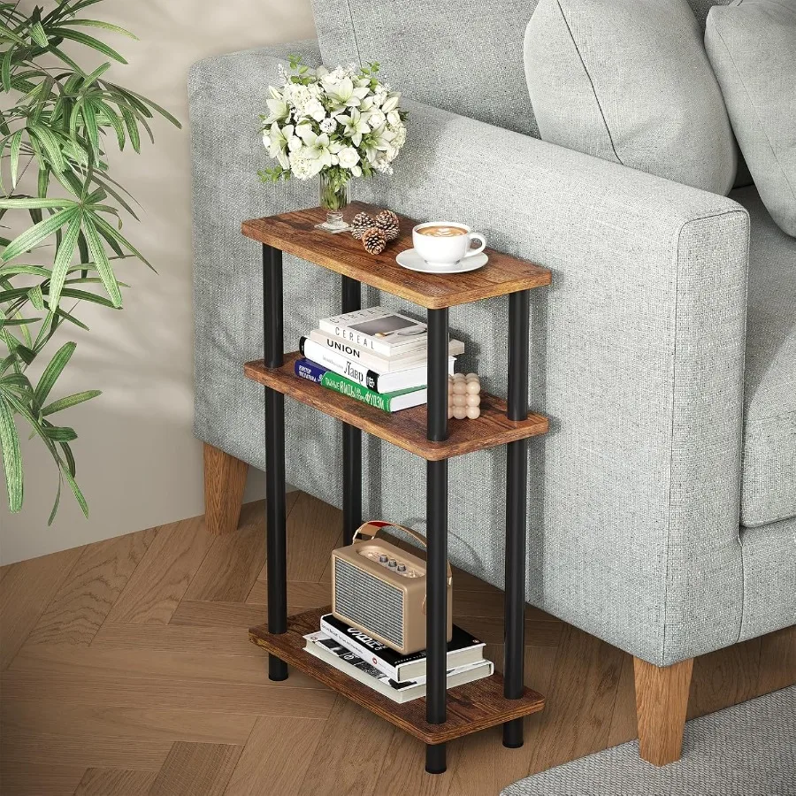 Small Narrow Side Table 3Tier Skinny End Table for Small Spaces Slim Nightstand with Storage Shelf Bedside Table for Living Roo