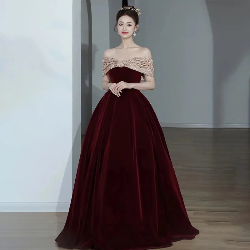 It's Yiiya Evening Dress Sequins Burgundy Velvet Off the Shoulder Lace up A-line Floor-length Plus size Women Party Formal Gown