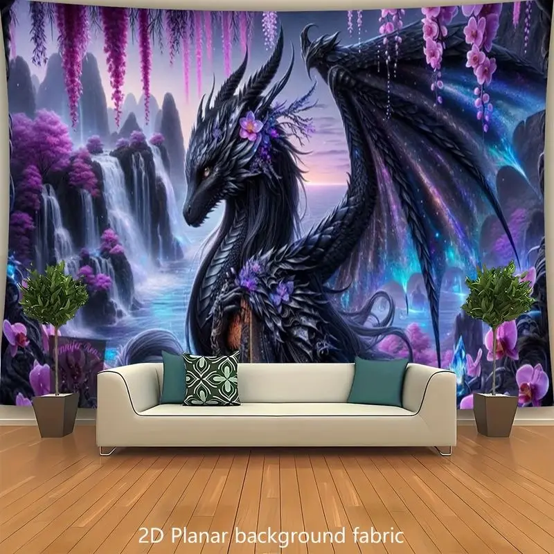 VIKAMA Fantasy Dragon Tapestry Black Purple Orchid Flower Waterfall Mist Mountain Gothic Wall Hanging Bedroom Decor