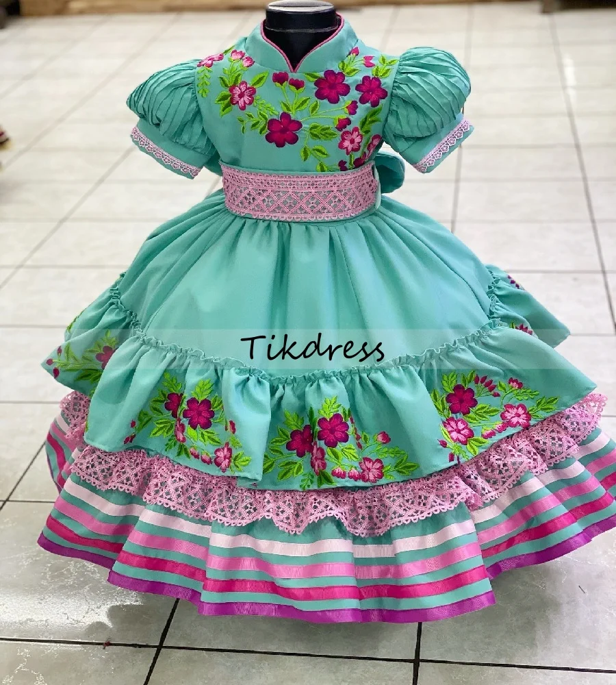 

Escaramuza Mexican Green Flower Girls Dress 2025 High Neck Short Sleeve Embroidery Kids Birthday Dress Adelita PageantCustomized