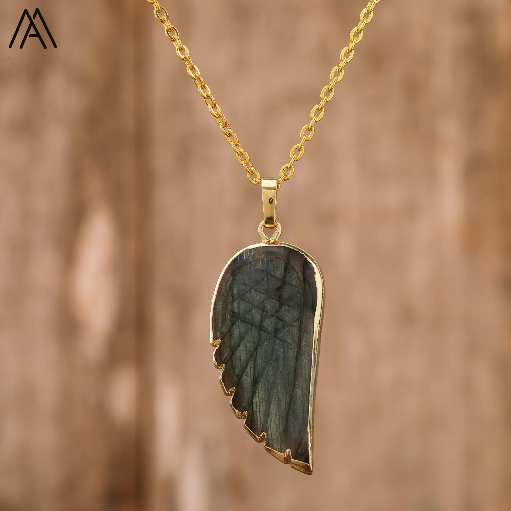Luxus Flash Labradorit Engel Flügel Anhänger Halsketten Frauen Mode Regenbogen Fluorit Choker Halskette Schmuck Geschenke Großhandel – Detail 6