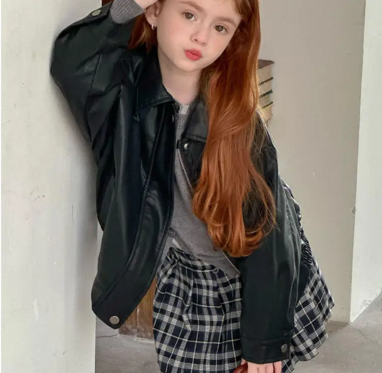 

Jackets Girl Loose Autumn New Children PU Locomotive Leather Clothing Loose Coat Boy Handsome Leather Clothing 2024