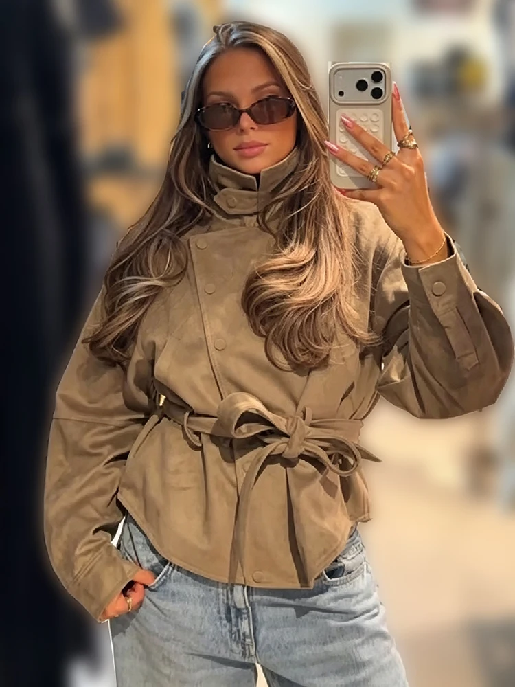 Fashion Faux Suede Trench Jacket Lady Lapel Collar Snap Buttons Waist Belt Long Sleeve Short Coat Street Outerwear Spring Autumn
