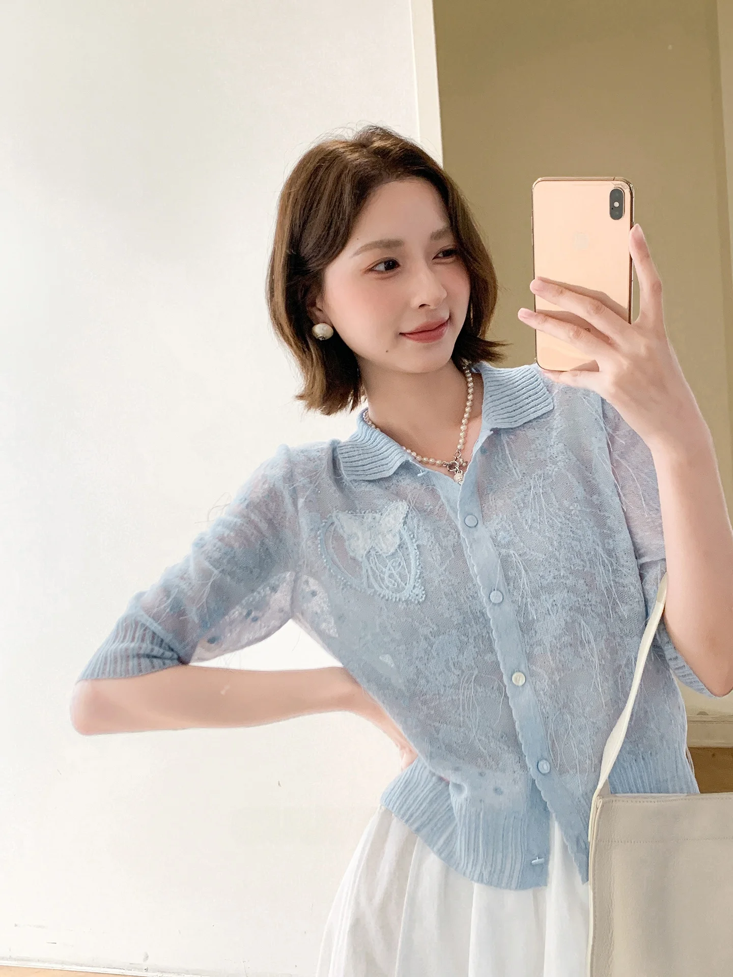 

Женский вязаный кардиган Ele с вышивкой, универсальный топ с воротником для осеннего сезона, смесь полиэстера, нейлона и льна