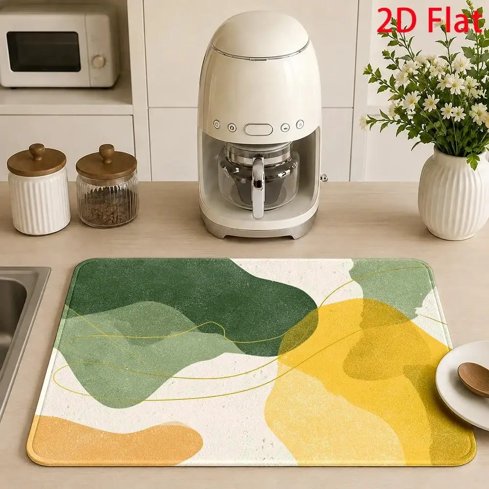 Modern Abstract Geometric Dish Drying Mat Green Yellow Counter Mat Absorbent Microfiber Coffee Bar Kitchen Countertop Drying Pad