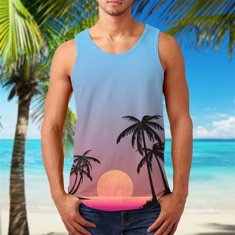 Hawaiian Tropical Botanical Beach Tank Top For Men Summer Vacation Boys Beach Street T-Shirt Sleeveless Tee Shirts Tops Vest