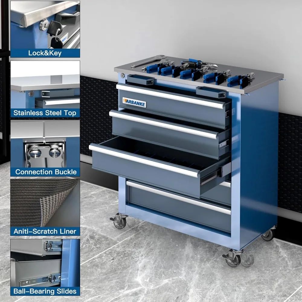 Kabinet Perkakas Portabel dengan 5 Laci, Baja Tahan Karat, Mekanisme Pengunci, dan Alas Kaki