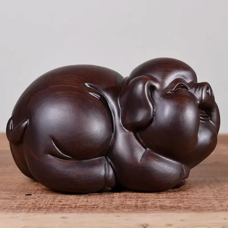 High Quality Lucky Cute Pig Solid Wood Carving Office Decoration Ebony Mahogany Artifact Artware Propitious Gift Mainland China view 5