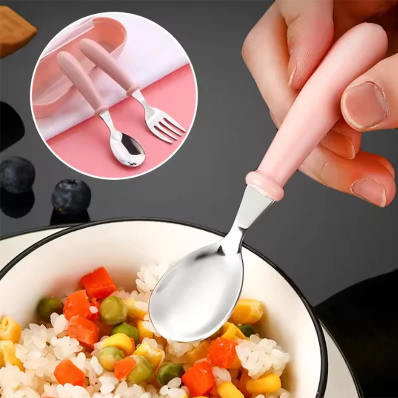 2PCS 만화 애니메이션 아기 이유식 숟가락 포크 세트 레터 패션 트레이닝 식기 유아용 안전한 짧은 손잡이 식기