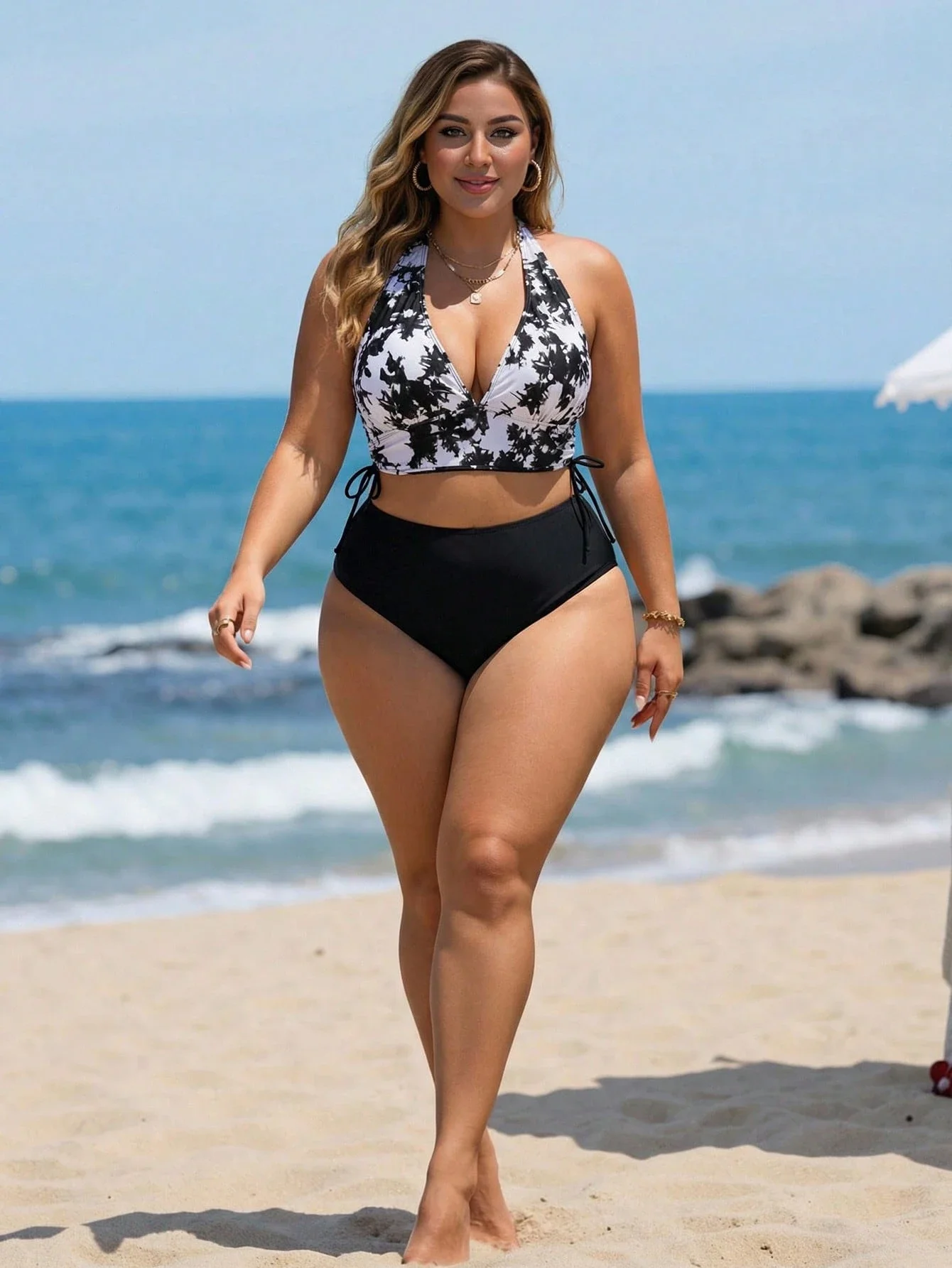 

Plus Size Tie Dye Halter Top High Waist Bikini Set Beach Swimwear