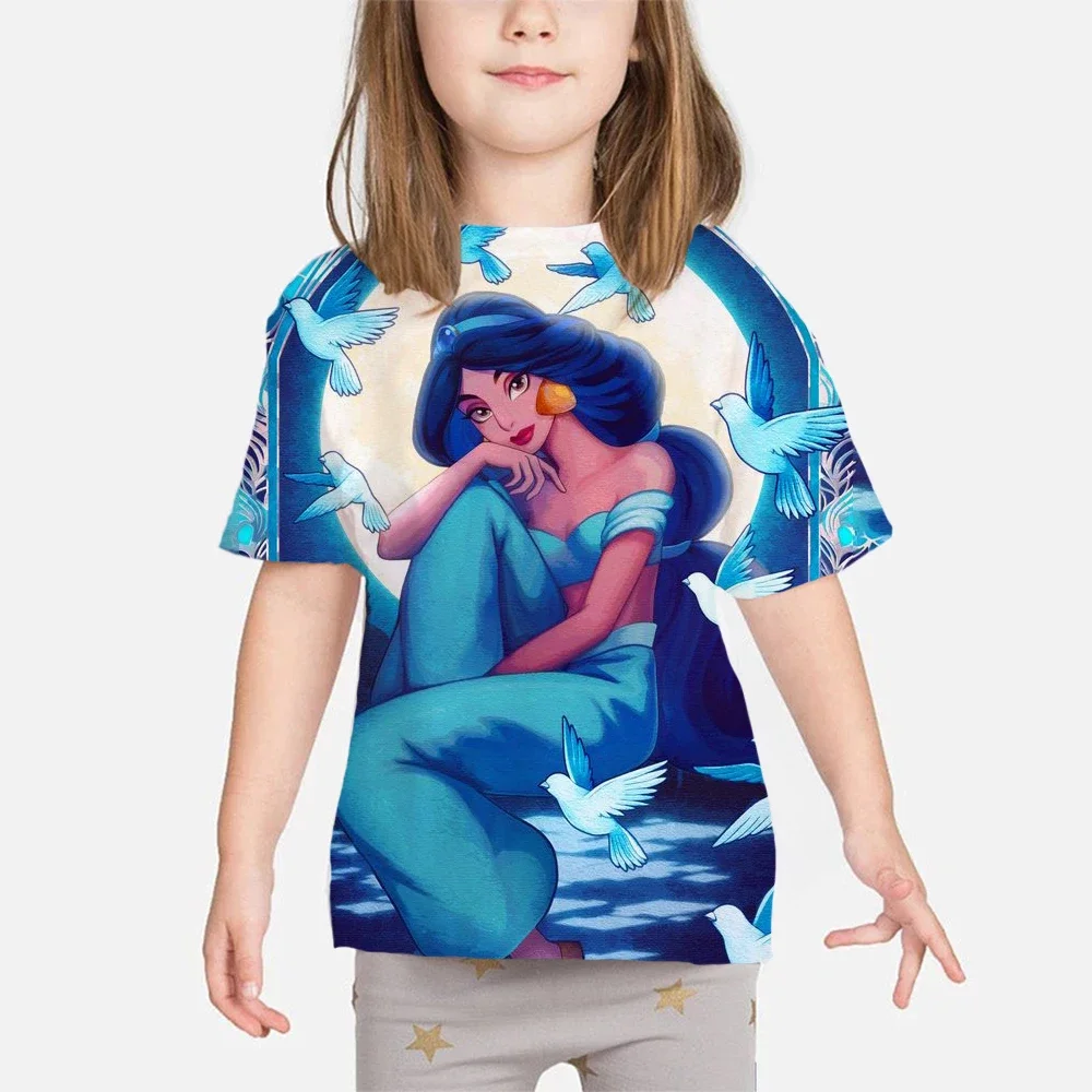 

2024 Summer Disney Princess Jasmine 3d Peint T-shirt Girl Cartoon Short Sleeve Street T-shirt Girls Casual T-shirt