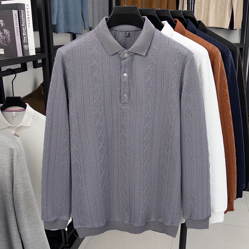 Polo da uomo a maniche lunghe lavorata a maglia jacquard alla moda, comfort di alta qualità, primavera autunno, maglione con risvolto casual in tinta unita
