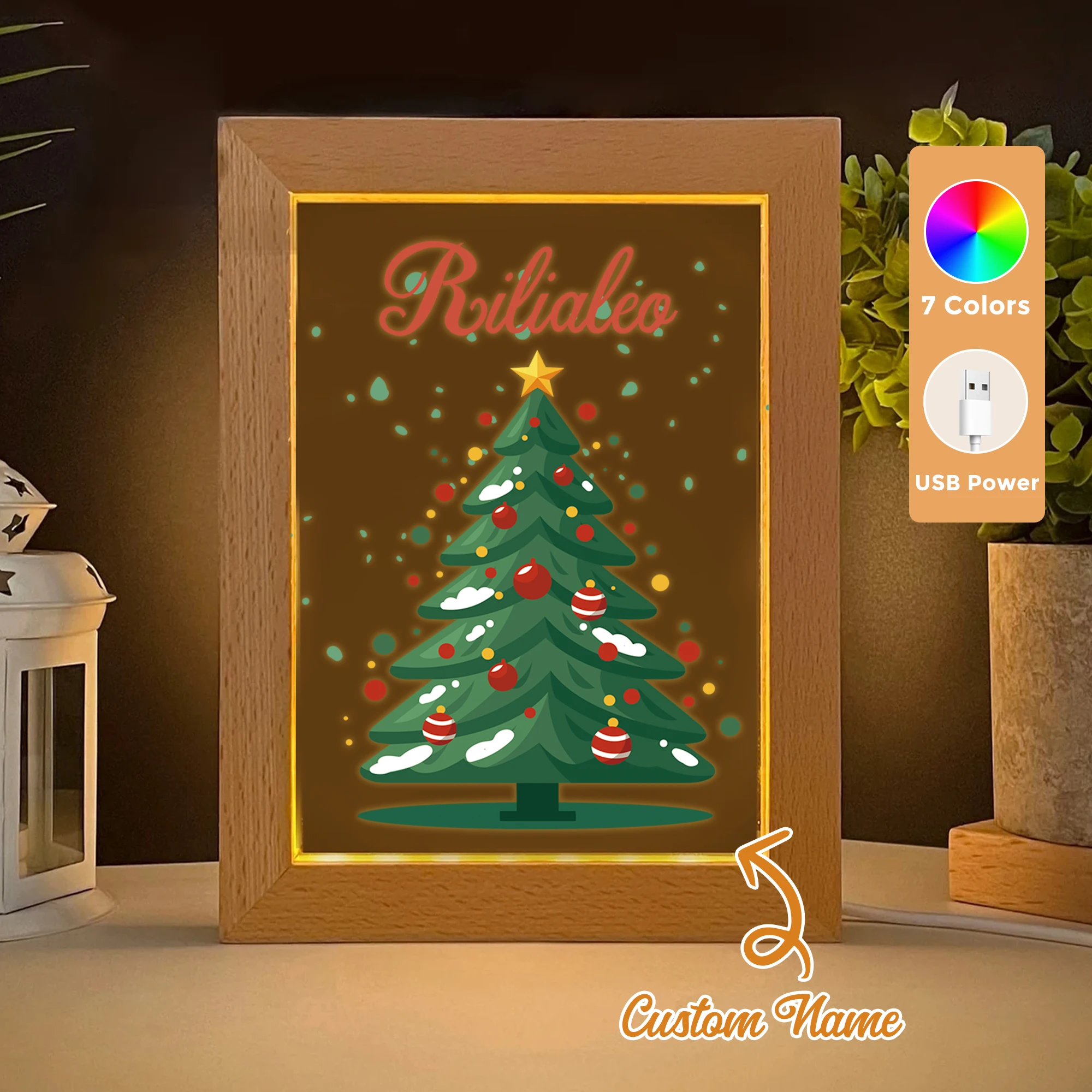 

Custom Name Lantern Pendant LED Acrylic Night Light Wood Photo Frame 21x17cm Christmas Cartoon Children Bedroom Gifts Home Decor