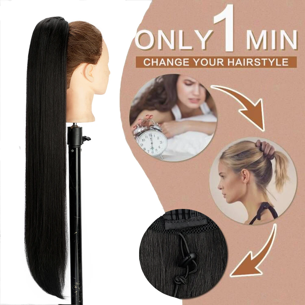 Coda di cavallo dritta sintetica da 30 pollici per donne nere Coulisse Parrucchino lungo Estensioni coda di cavallo Capelli resistenti al calore Coda finta
