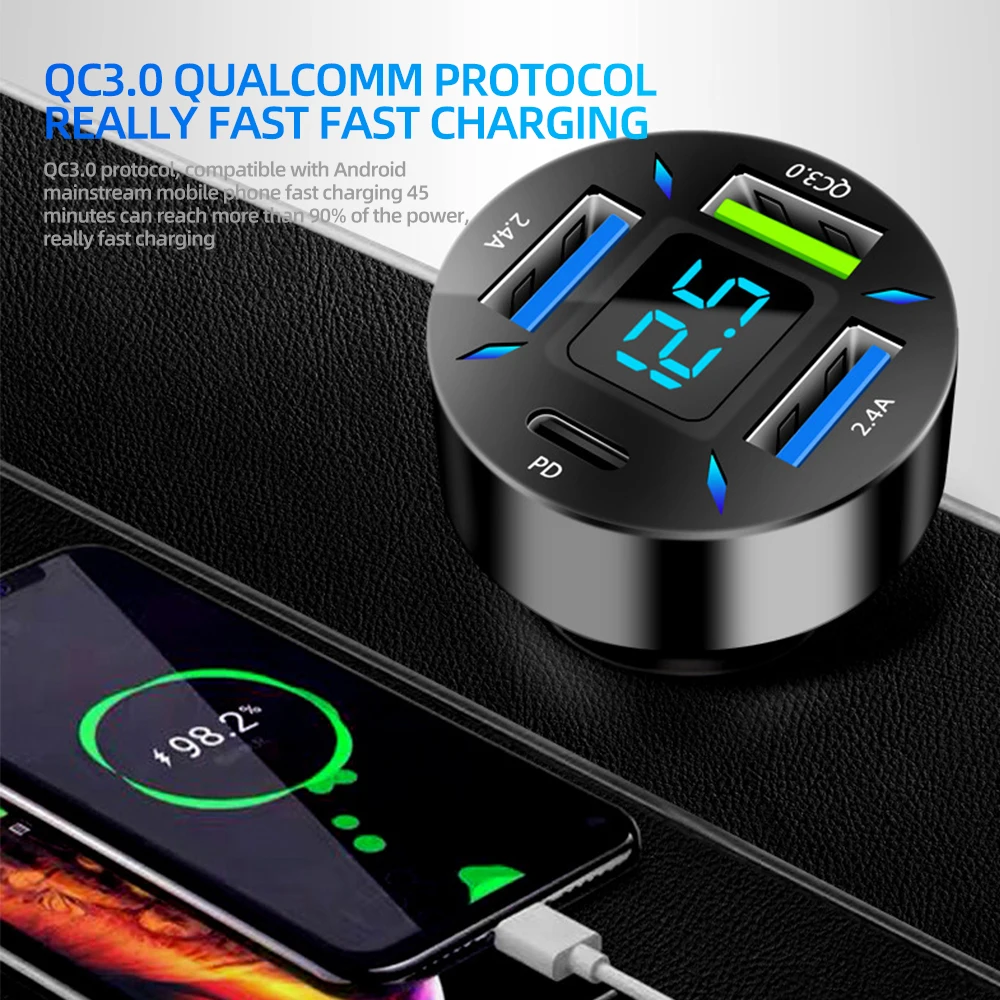 Caricabatteria da auto 4 in 1 ricarica rapida PD QC3.0 con voltmetro presa accendisigari adattatore di alimentazione per iPhone11 12 Samsung Huawei