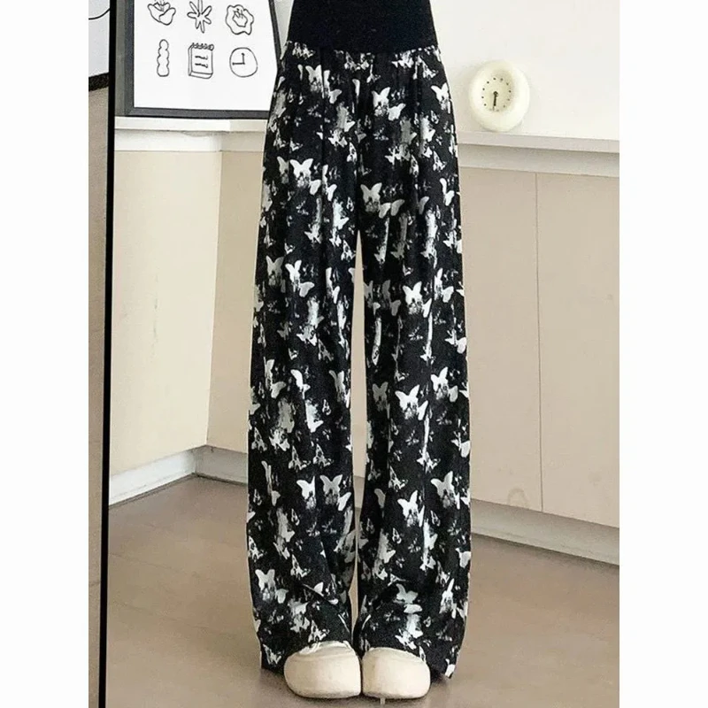 Large Size Women's New Butterfly Casual Pants Thin Ink Painted Wide Leg Pants Fat Mm