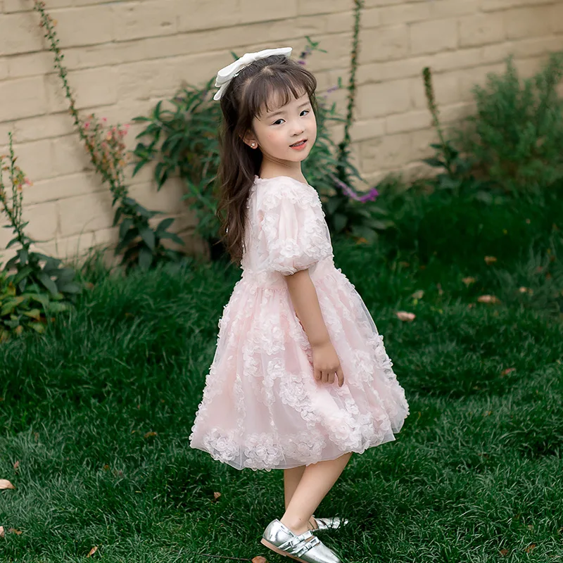 Vestido de princesa de verão feminino, vestido infantil, nova malha, Sólido, Manga curta, 2023