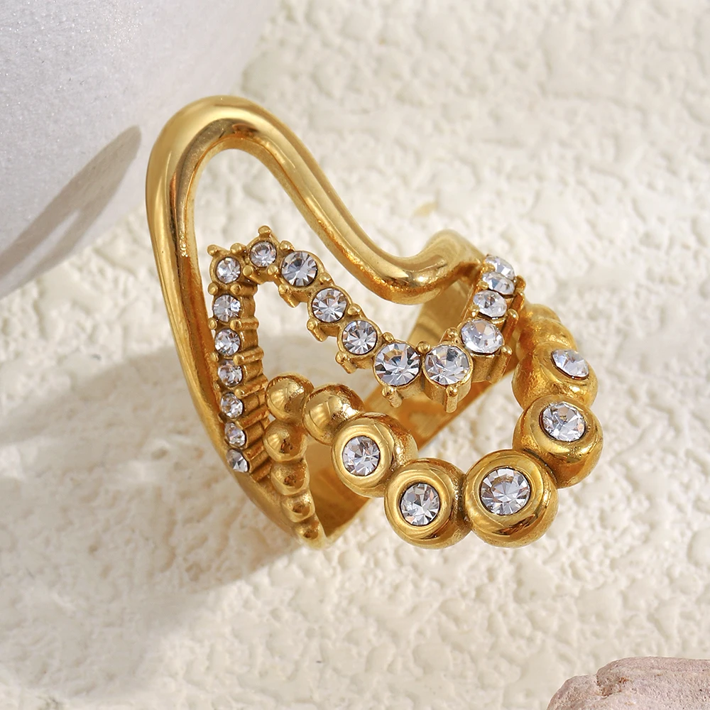 

Women's 18K Gold Plated Stainless Steel Multi-Layer Wavy Exaggerated Zircon Ring Fashionable Jewelry Gift