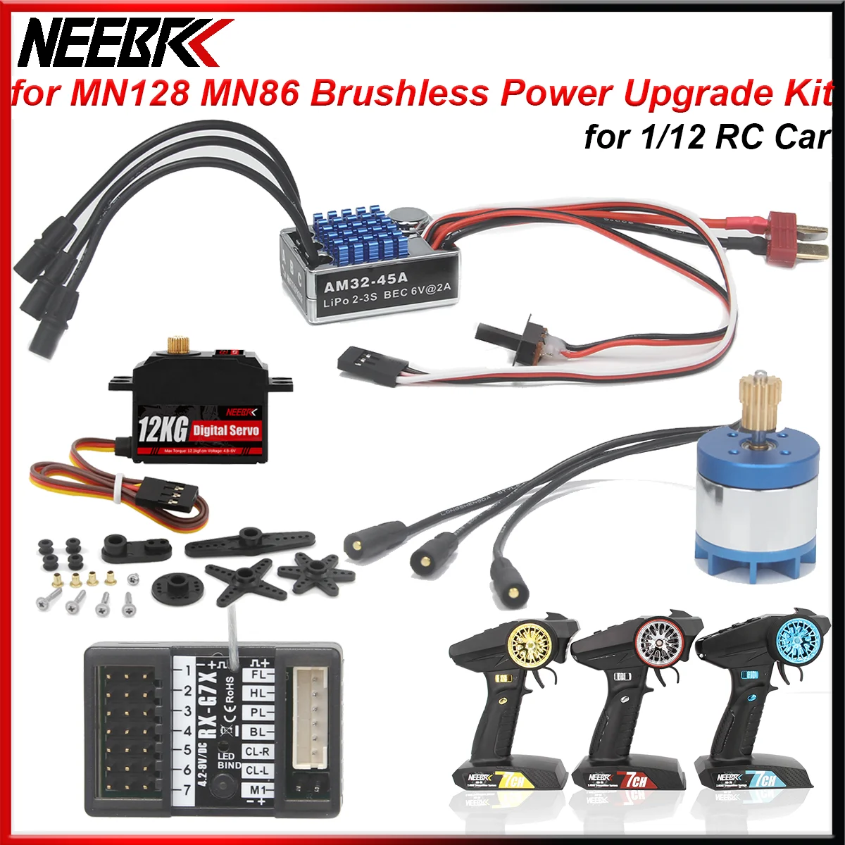 2830 2400KV Brushless Motor AM32 45A ESC 12kg Servo 7CH Transmitter& Receiver for 1/12 RC Crawler Car MN128 MN86 Upgrade Kit