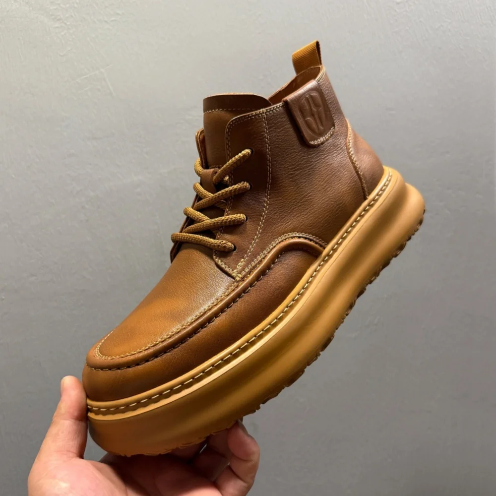 

QHCCID Men's Cowhide Genuine Leather High-Top Boots. Soft Leather Sole. Retro Street Style.