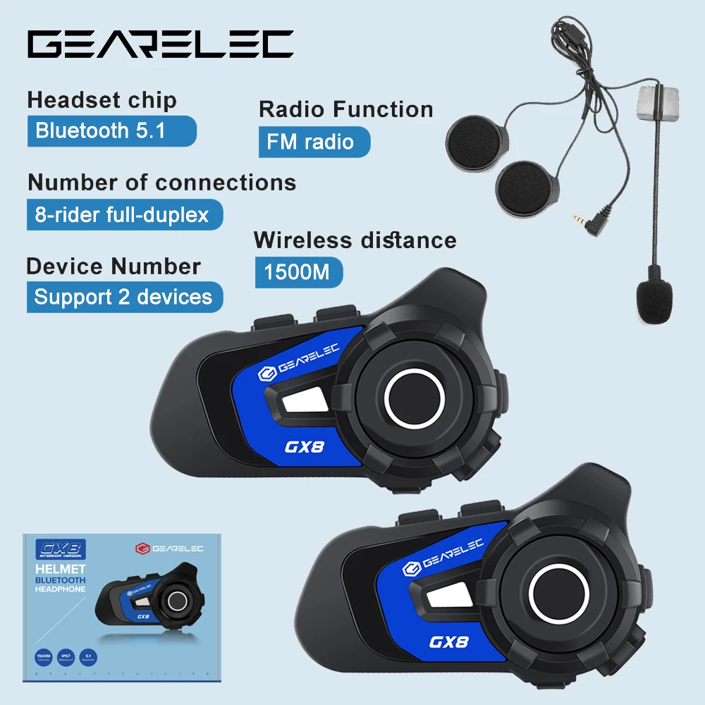 

GEARELEC GX8 Motorcycle Intercom Helmet Bluetooth Headset Speaker 8 Rider 1.5km Moto Communicator Music Sharing FM Interphone