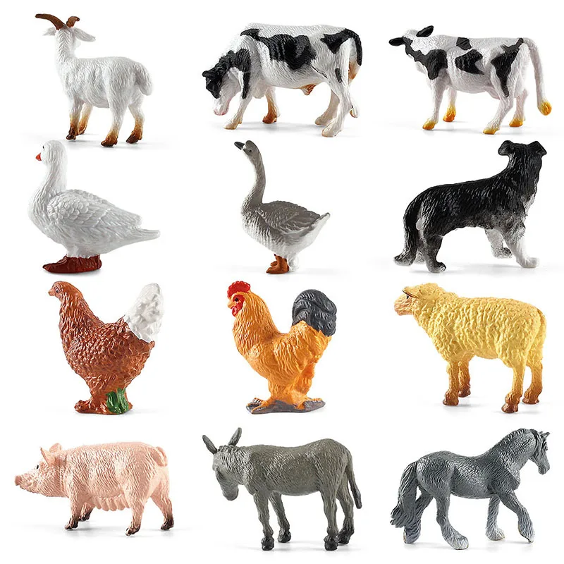 A Set of 12 Mini Poultry Small Animal Toys Solid Farm Decoration Simulation Chicken Duck Goose Cow Horse Sheep Model Kid\'s Toy