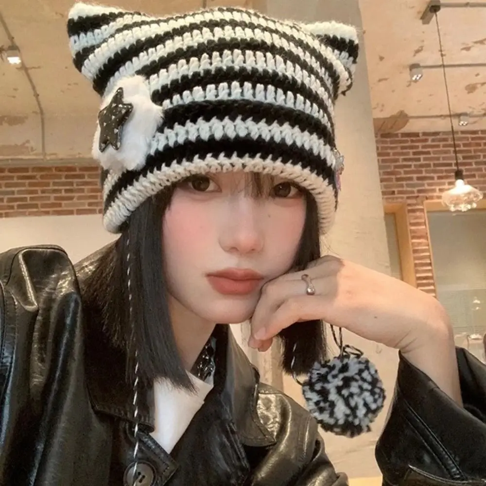 

Fashion Harajuku Cat's Ears Knitted Hat Y2K Star Woolen Hat Stripe Elastic Warm Cap Apparel Accessories