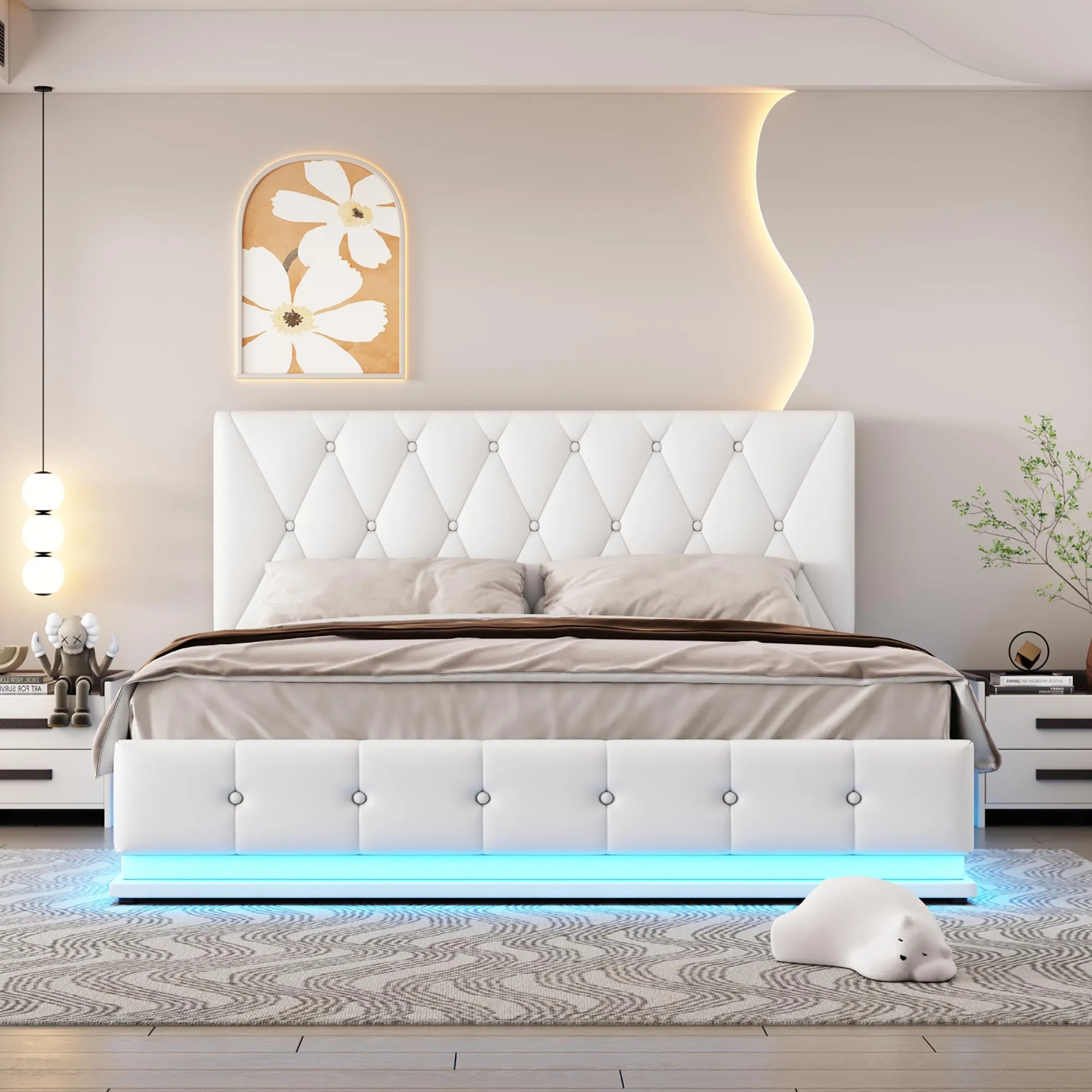 Letto imbottito bianco, letto matrimoniale 140x200 cm, con rete a doghe, rivestimento in pelle artificiale, illuminazione a LED, letto sollevabile