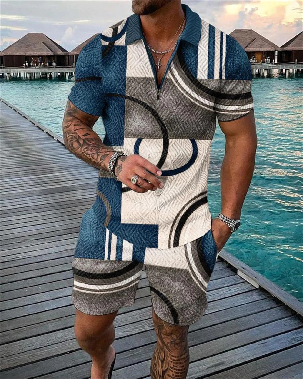 Diamond Lattice Summer Men Polo Shirt Set Casual Lapel Tracksuit Male Fashion Oversized Clothing Golf Wear Outfits Streetwear