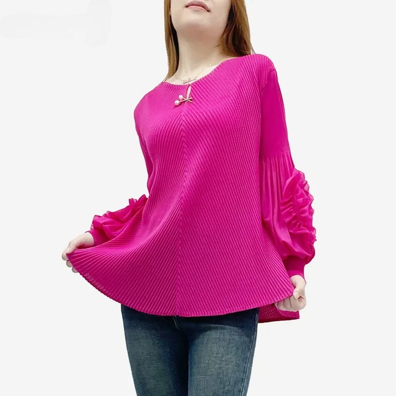 

Miyake модная сложенная однотонная футболка женская с круглым вырезом и цветочным принтом с длинным рукавом, повседневный дизайн, свободный топ с баской, новинка лета 2023 г.
