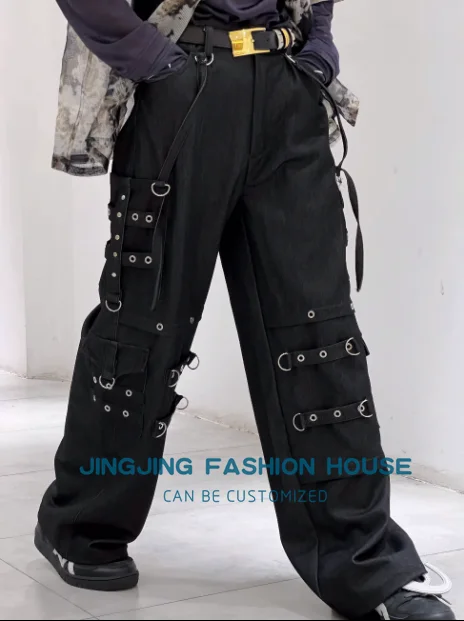 S-4XL!!2023 Original design Black denim loose straight leg long bell bottoms winter men loose niche metal hip hop