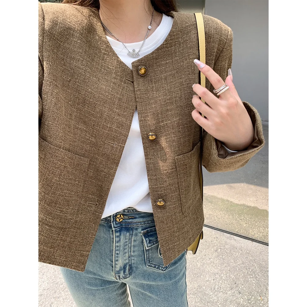

Cé Brown ort Outerwear Pure Color round Ne Button Design Long Sve Regular Length Commute Sle Women's Jaet