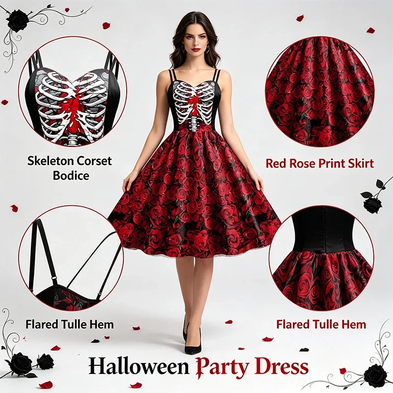 Damen Halloween Skelett-Rosen-Kleid-Set, Day of The Dead Cosplay-Kostüm mit Schleier, Krone und Handschuhen für Karnevalsparty – Detail 6