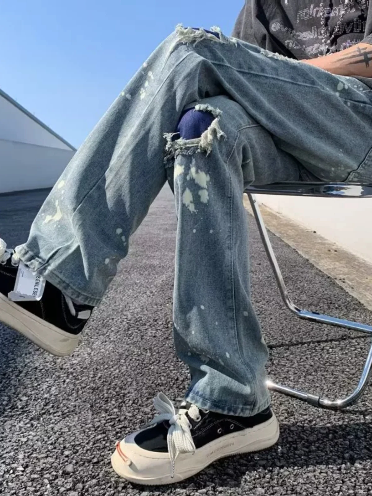 

Мужские джинсы Cleanfit из потертого денима с пэчворком, прямой крой, в американском ретро-стиле, повседневные брюки в уличном стиле, с эффектом разбрызгивания чернил