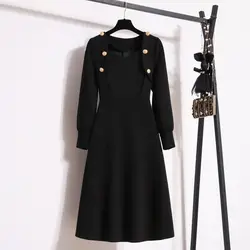 2023 New Autumn and Winter Fashion Exquisite Temperament Square Neck Button Decoration Slim Fit Solid Hepburn Style Dress