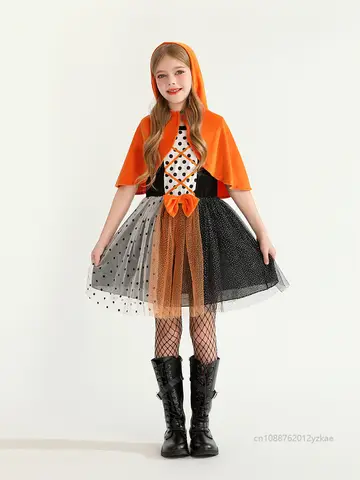 Chica Pumpkin Witch Cosplay Costume Orange Hooded Cape Polka Dot Tulle Dress Set Enfant Halloween Party Fancy  Role Play Dress