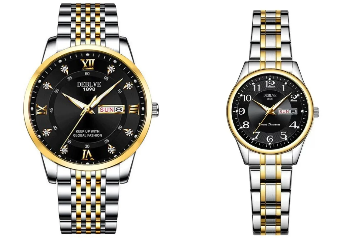 Couple's steel strap dual calendar luminous quartz watch, men's and women's fashion watch, non mechanical quartz watch