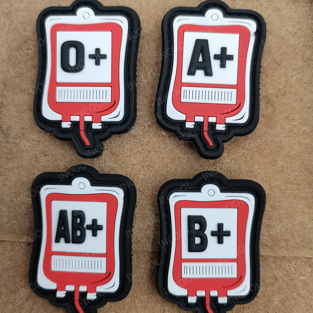 3D Blood Type Postive A+ B+ O+ AB+ PVC Rubber Patches Funny Bag Shape Rescue Cute Hook Back Patch For Shirt Clothes Cap Backpack