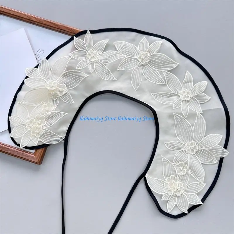 

573B Fashion Embroidered Faux Collar With Adjustable Closure Complements Tops