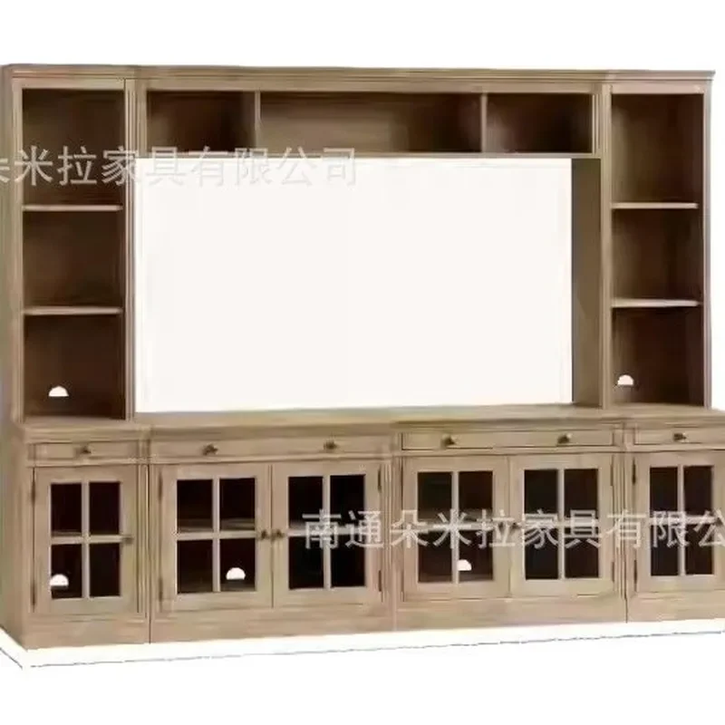 Gray Oak Solid Wood TV Stand with Glass Doors Bookshelf Combo French Vintage Style Media Console for Living Room Background